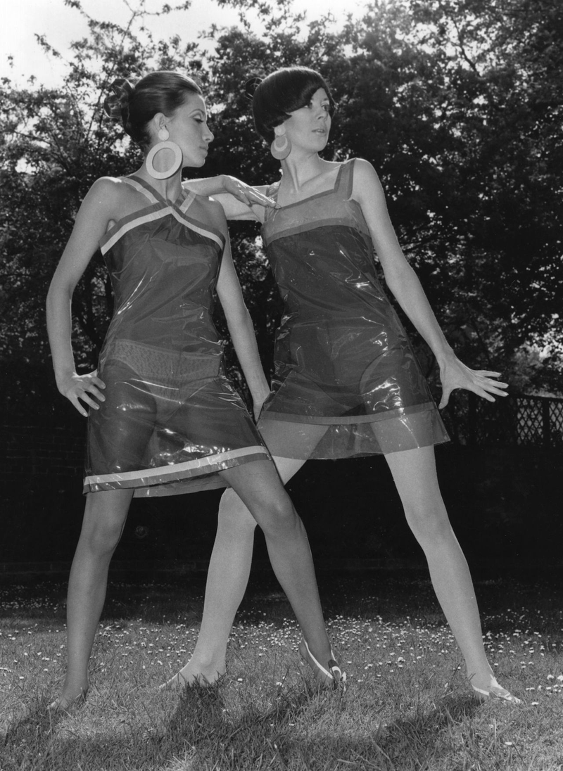 Models wearing disposable dresses designed by Daniel Hechter
